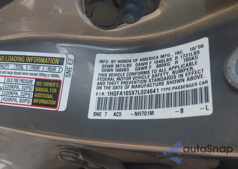 2007 Honda Civic Lx from USA, damaged, VIN 1HGFA165X7L024641
